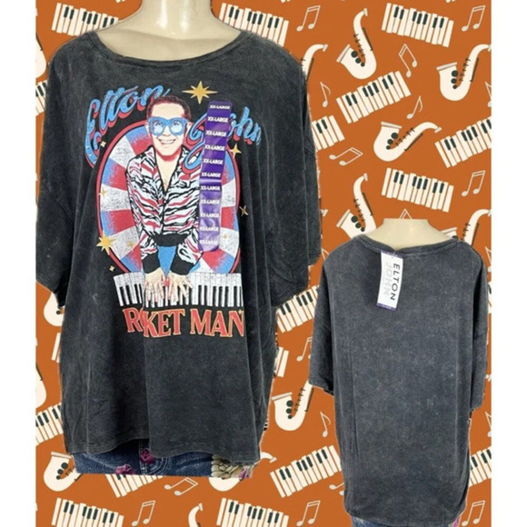 Hst Global Limited XXL Black Washed Elton John Graphic Cotton Short Sleeve Tee - Picture 1 of 5